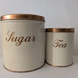 Vintage Decoware Metal Tin Sugar and Tea Canisters Cream Brass/Gold.